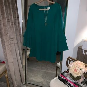 Green Shift Dress with Bell Sleeves with necklace
